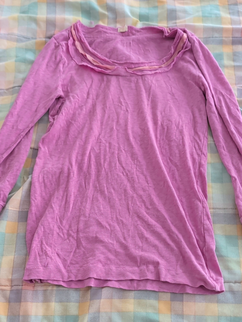 J. Crew Pink Knit Long Sleeve Top With Layered Ruffle Neckline.